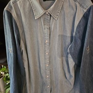 Lauren Ralph Lauren Two-Tone Denim Snap-Front Shirt — Light Blue & Dark Blue